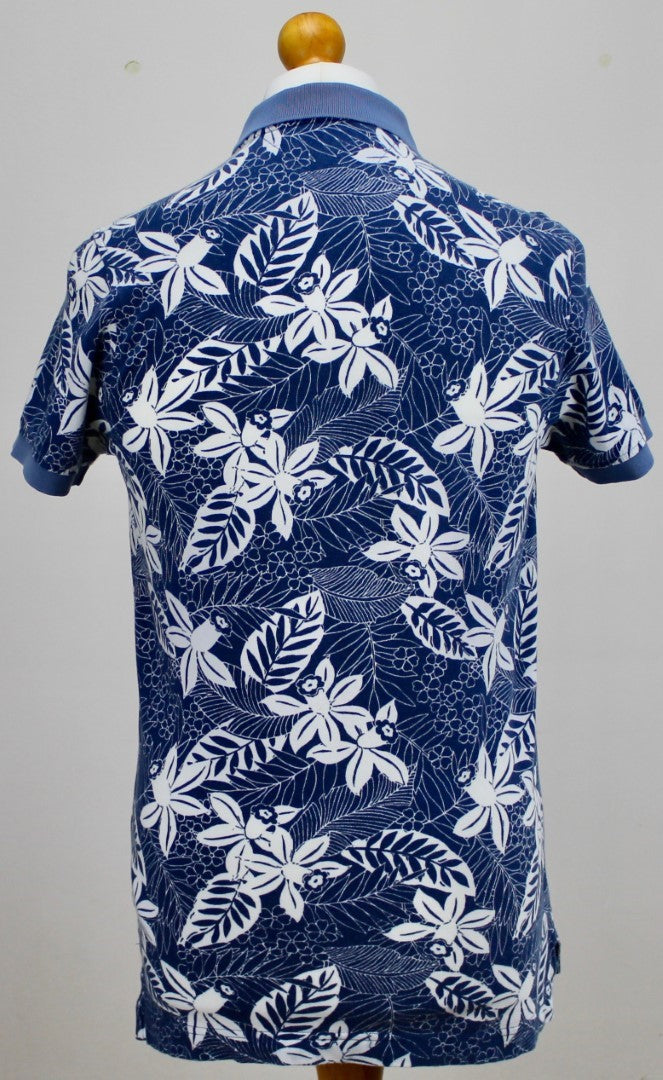 🔥 Tommy Hilfiger Polo Shirt Blue With White Flowers Slim Fit Small