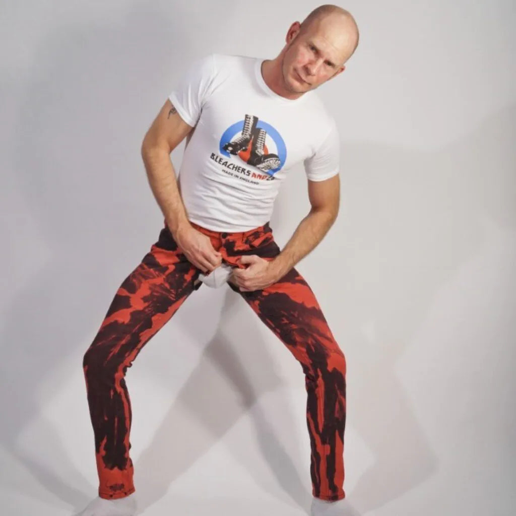 Skinny fit stretch denim bleachers, Red with back/full zip
