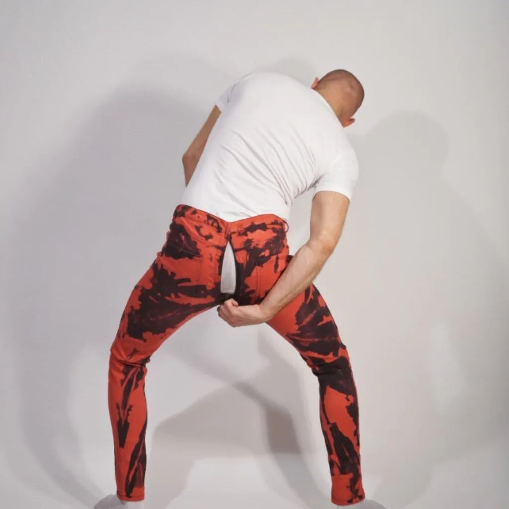 Skinny fit stretch denim bleachers, Red with back/full zip