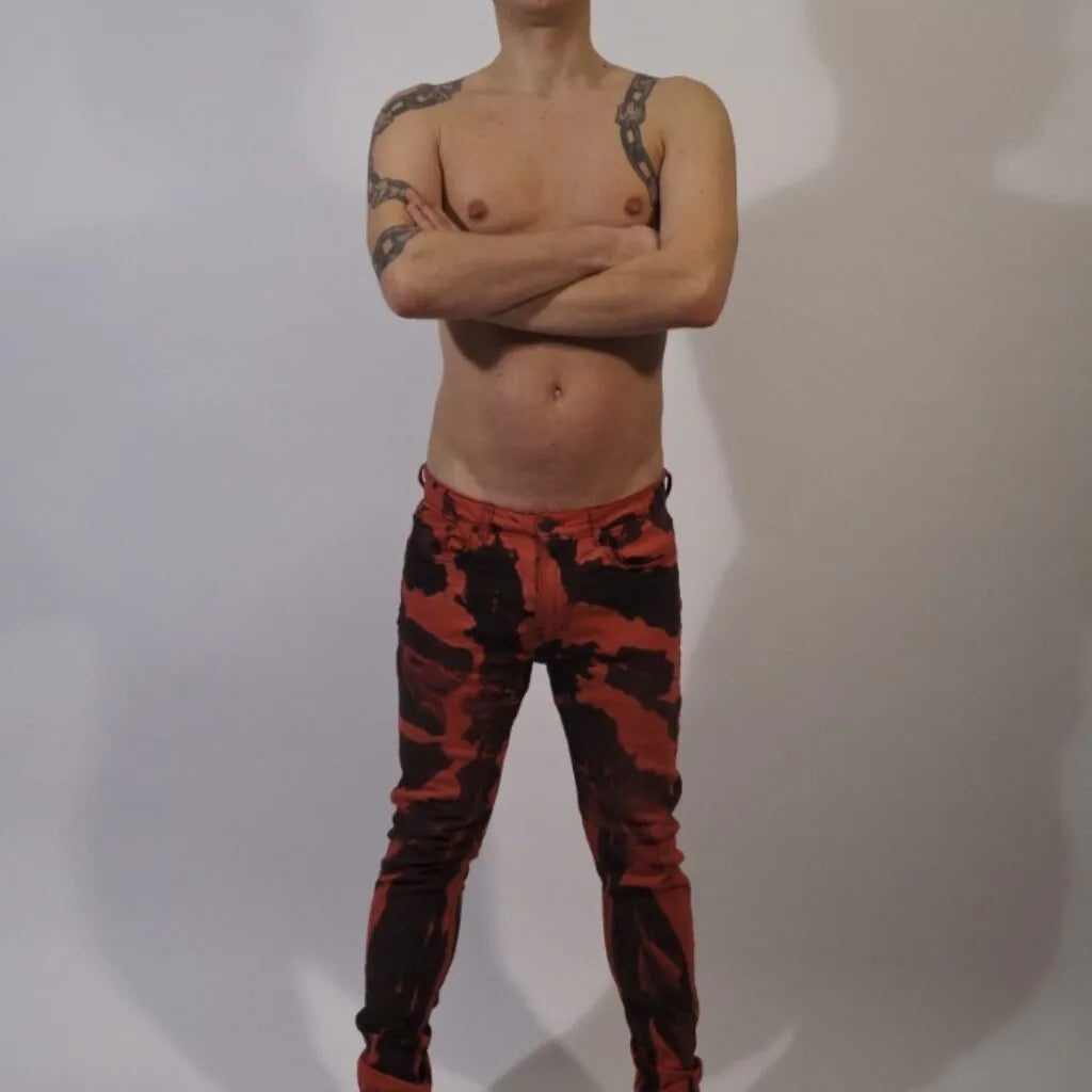 Skinny fit stretch denim bleachers, Red with back/full zip