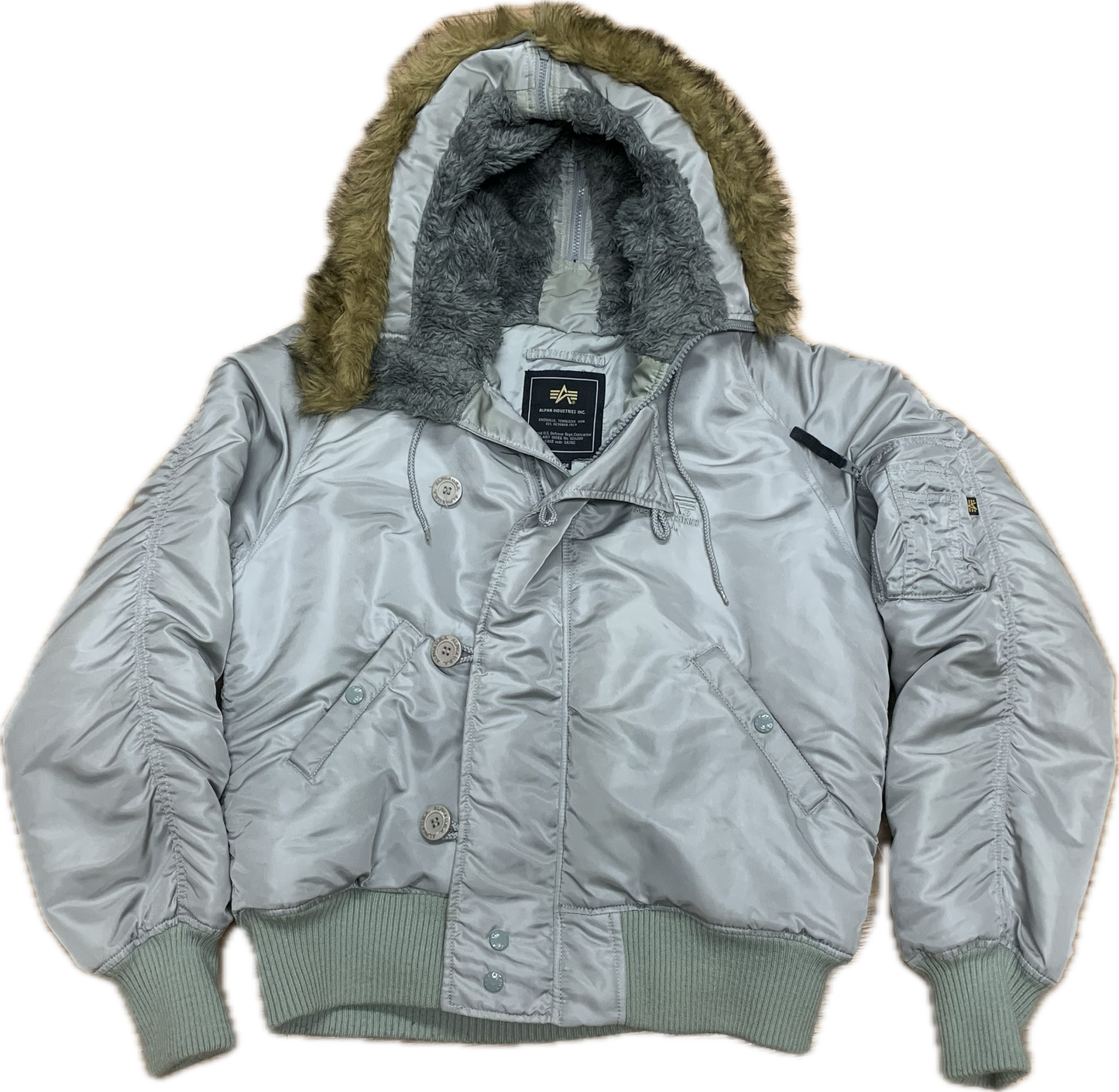 🔥 Alpha industries CWU45 hooded flight jacket Large – Silver Special Edition