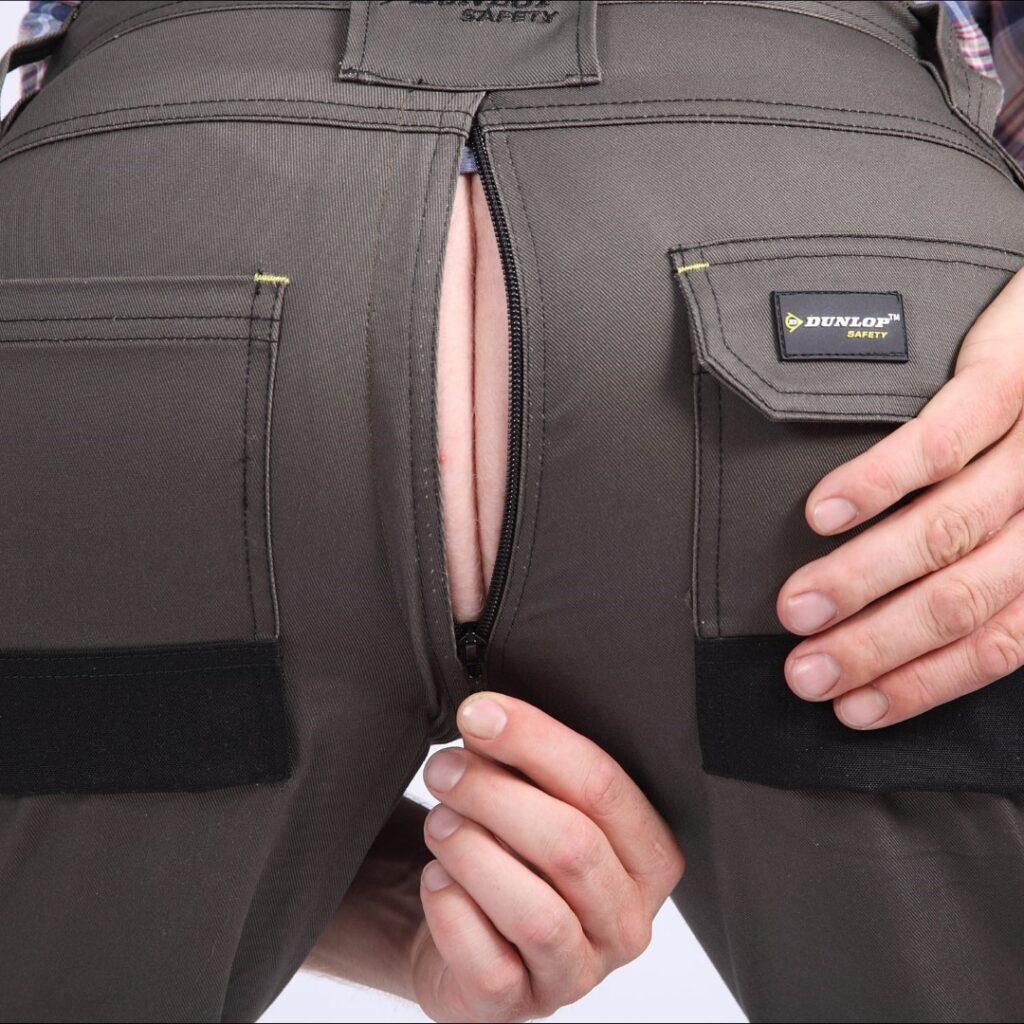 Dunlop Baustellenhose - Armeegrün/Schwarz mit Rückseite und durchgehendem Reißverschluss