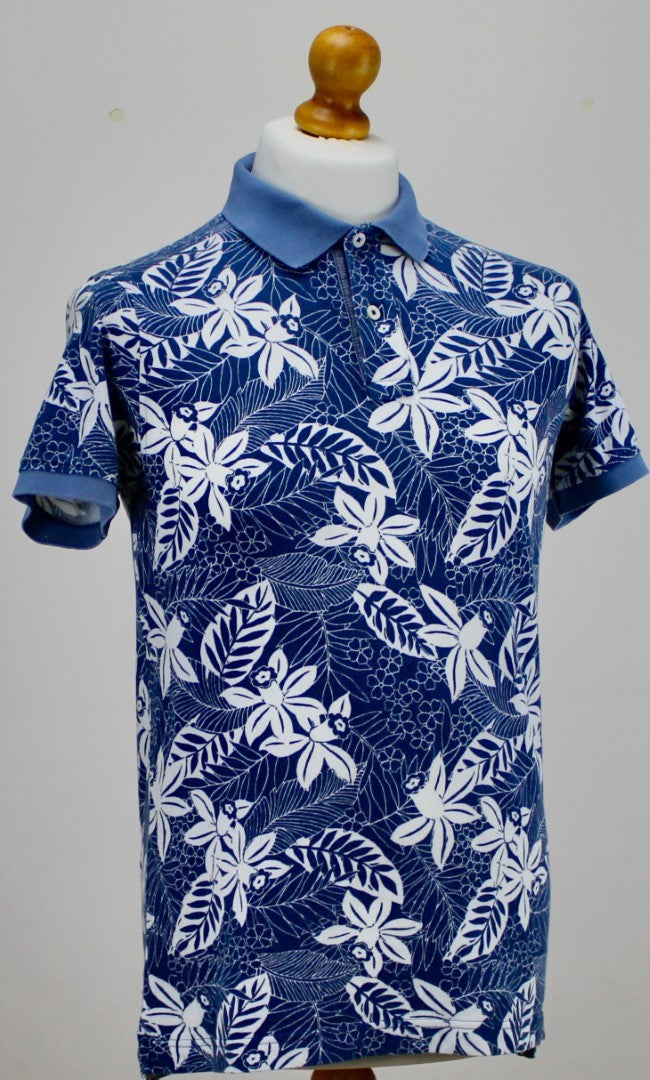 🔥 Tommy Hilfiger Polo Shirt Blue With White Flowers Slim Fit Small